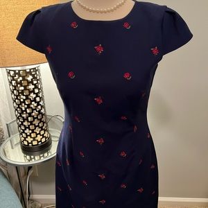 Brooks Brothers Navy Capped Sleeve Dress with Rose embroidery
